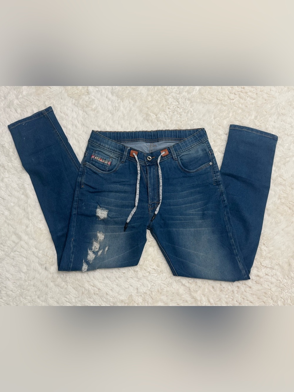 Men's Slim Stretch Dark Blue Distressed Jeans with Drawstring Waist